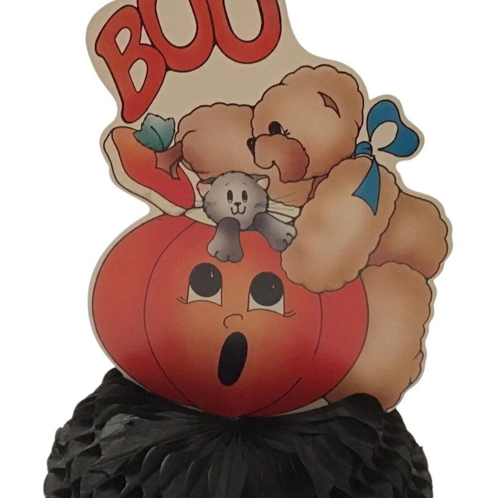 Vintage 1990 Pumpkin Cat Boo Honeycomb Tabletop Decor Halloween Cardboard Paper